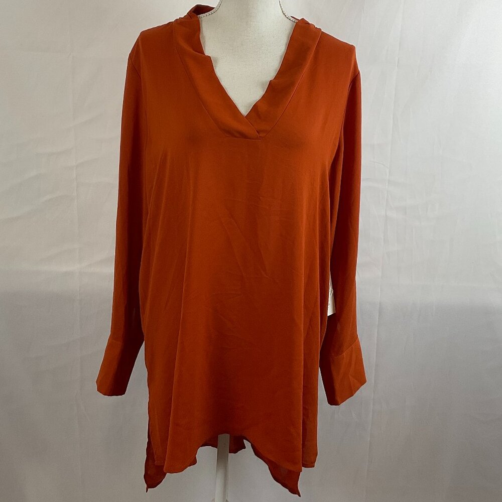 Eloquii Tunic Top 14 Dark Orange Sienna Semi-Sheer V-Neck 3/4 Sleeve New NWT